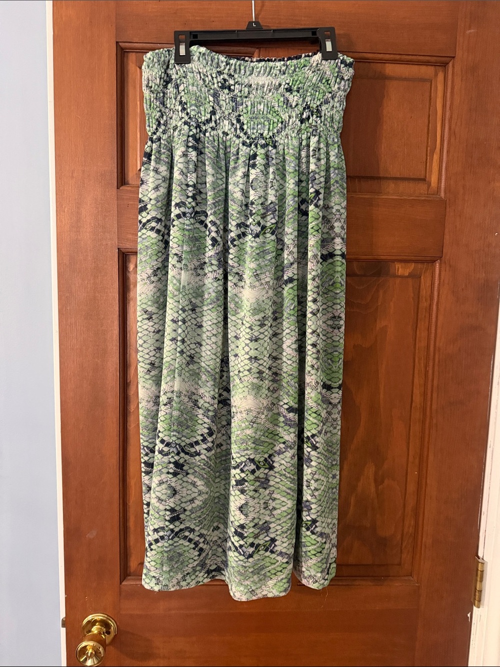 CAbi Green and Navy Snake-Print Maxi Skirt or Strapless Dress.  Reversible